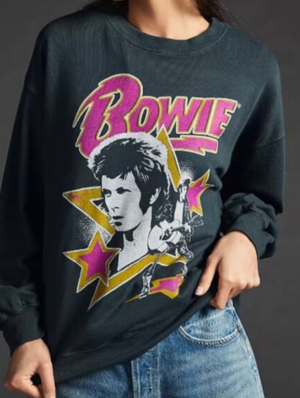 Anthropologie LetLuv David Bowie Gray Oversized Graphic Band Sweatshirt Size L